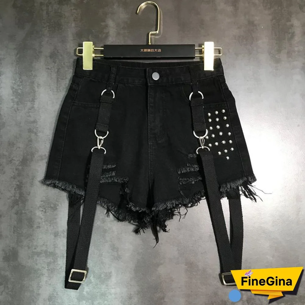 Women Denim Hot Pants Shorts Mini Jeans Rivet Removable Strap Tassels Gothic Punk Sexy