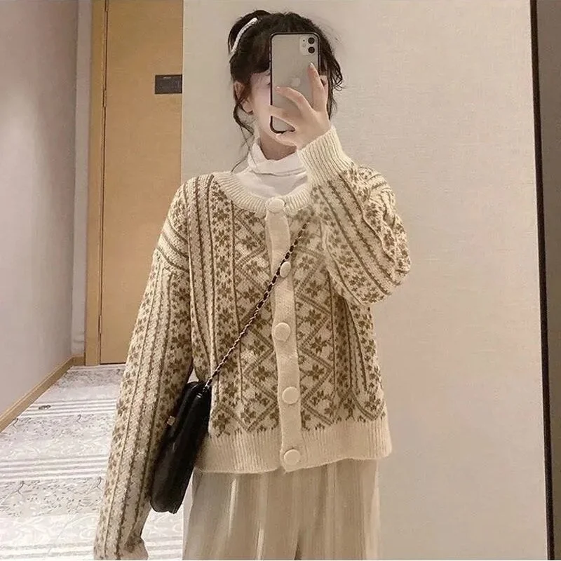 Women Printed Cardigan Comfort Slouchy O-neck Korean Style Retro Knitting Fashion Females Sweaters All-match Outwear Gentle Chic