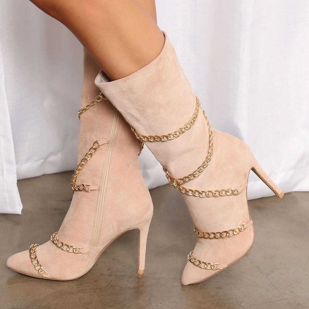 Nude Vegan Suede Pointed Toe Chain Stiletto Side Zip Mid-Calf Boots Nicepairs