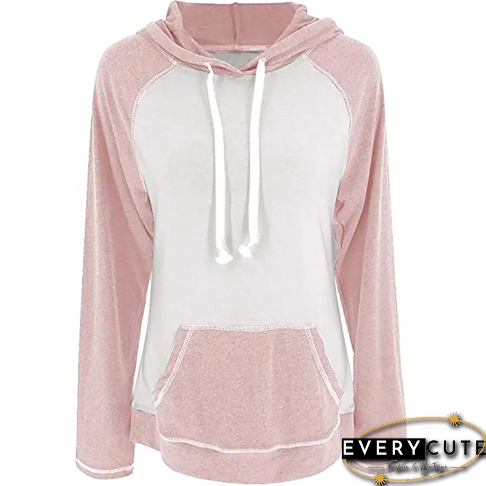 Pink Contrast Drawstring Long Sleeve Hoodie