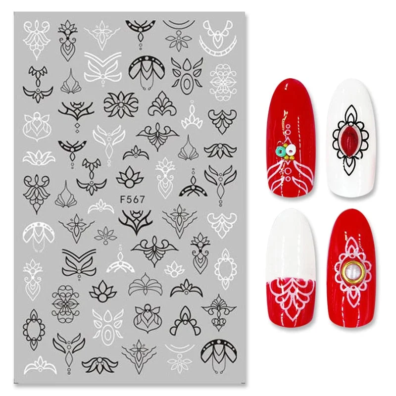 1PC Black White Leaves Flower 3D Nail Stickers Tropical Plants Mandala Leaf Geometry Transfer Decals Nail Art Decorations-Nail Inspo