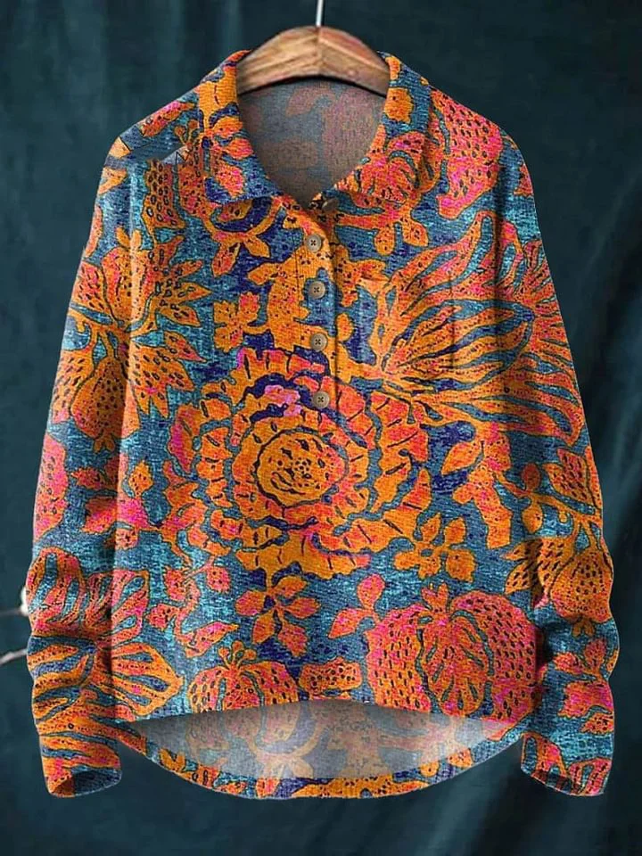 Women's Vintage Lovely Floral Art Print Casual Knit Pullover