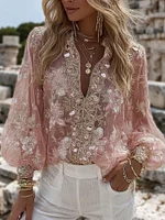 Women's Vintage Floral Art Print Comfy V Neck T-shirt