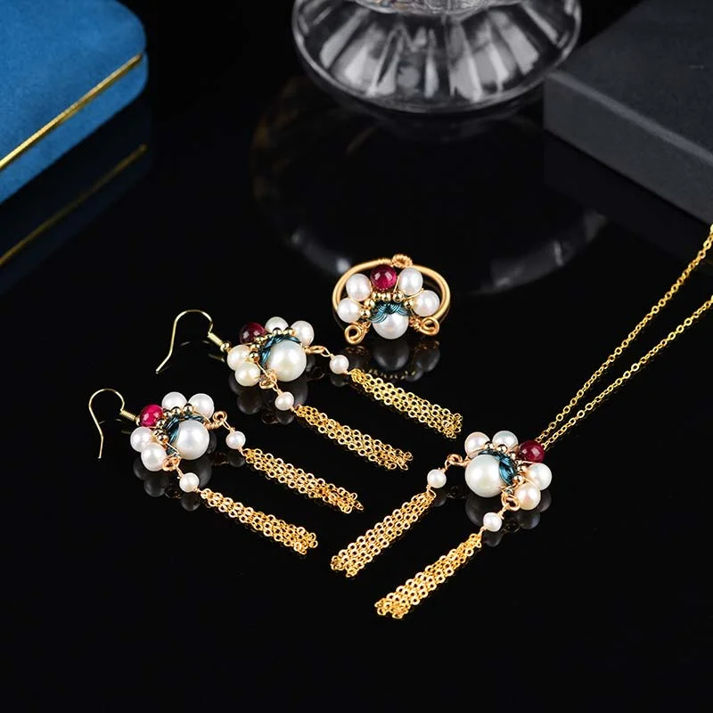 Natural Pearl Blessing Drop Earrings Necklace Ring