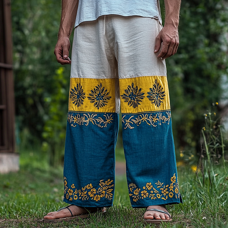 Utbros Men's Retro Sunflower Floral Embroidery Colorblock Casual Pants