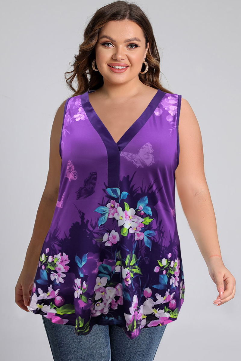 Plus Size Floral Ombre Print V Neck Tank Top 2024 - Flycurvy 