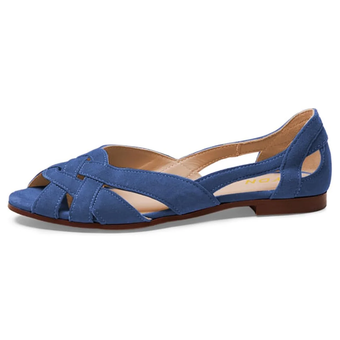 YDN Blue Vegan Suede Peep Toe Cut-Out Flat Sandals for Women