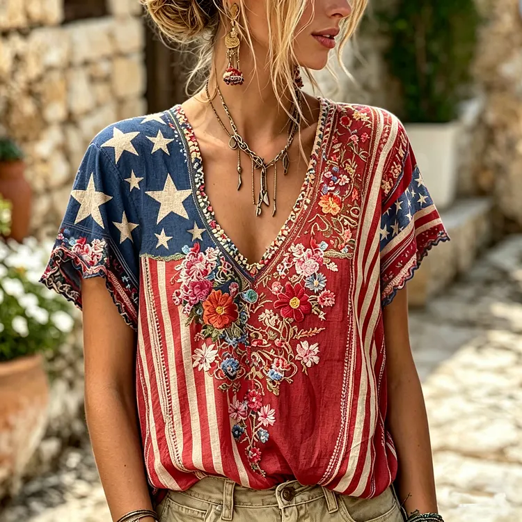Women's Retro Independence Day With Floral V-neck Short Sleeve T-shirt