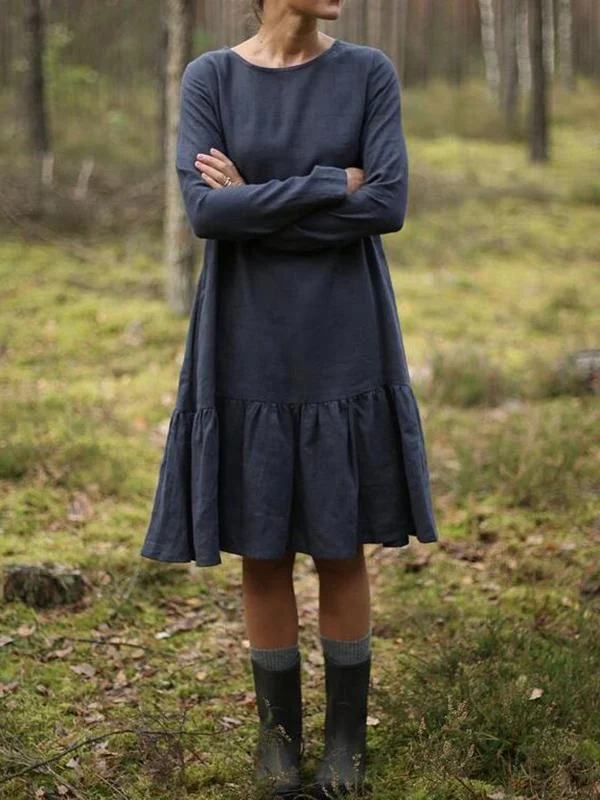 Retro Loose Waist Solid Color Long-sleeved Linen Pleated Dress-Mayoulove