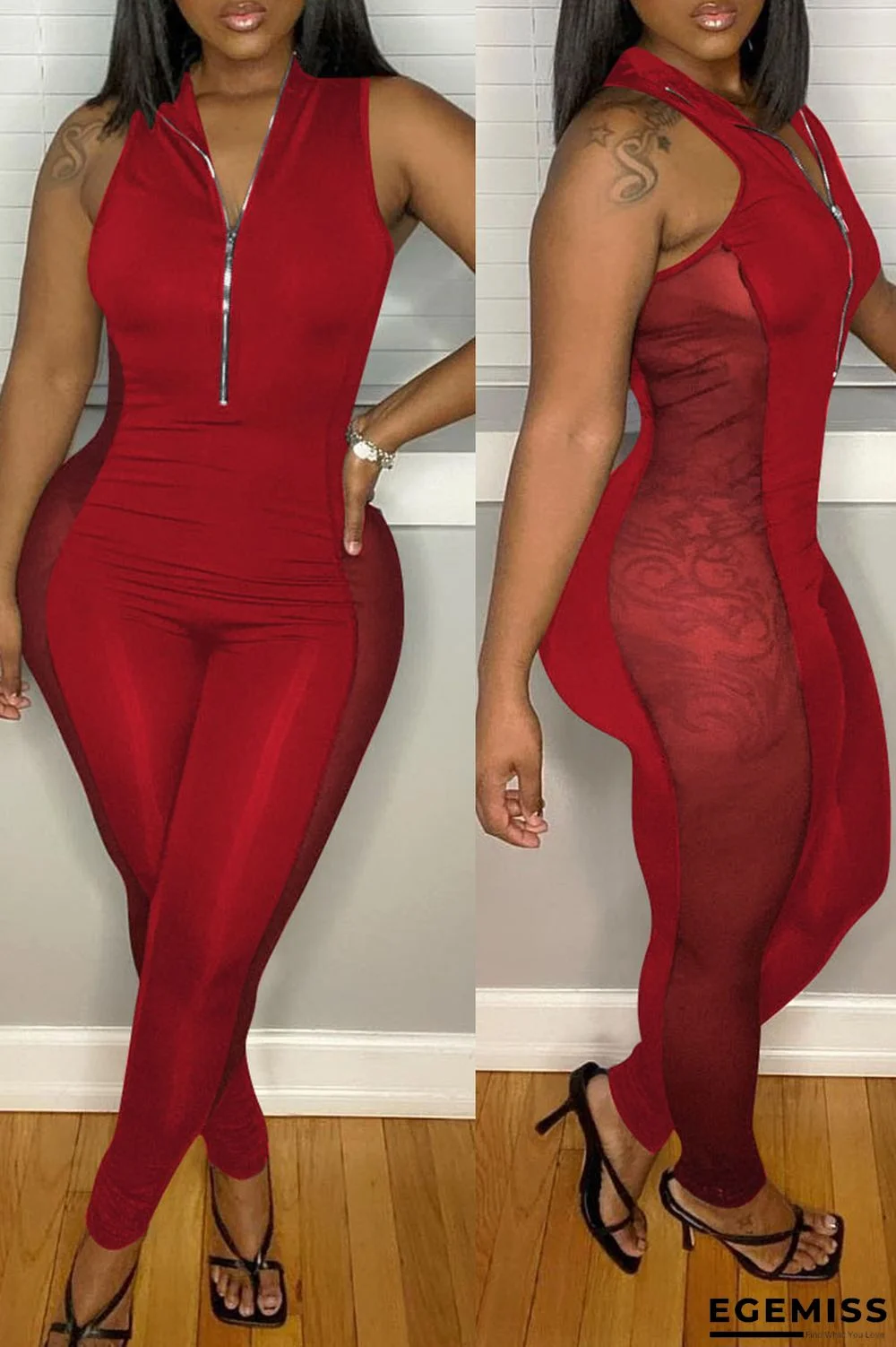 Red Sexy Casual Solid Patchwork See-through Zipper Collar Skinny Jumpsuits | EGEMISS