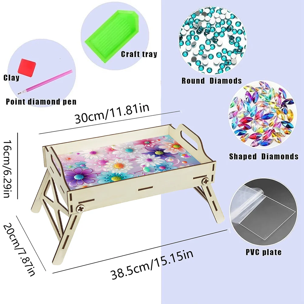 5D DIY Flower Diamond Painting Wooden Serving Tray with Handle for Home Decor