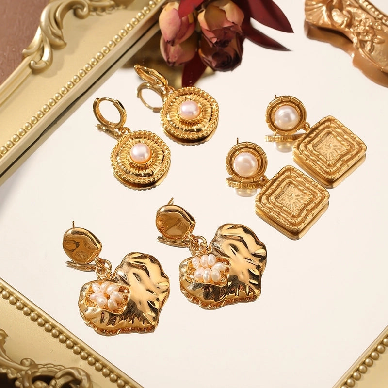 1 Pair Classical Geometric Heart Shape Freshwater Pearl Copper 18K Gold Plated Drop Earrings