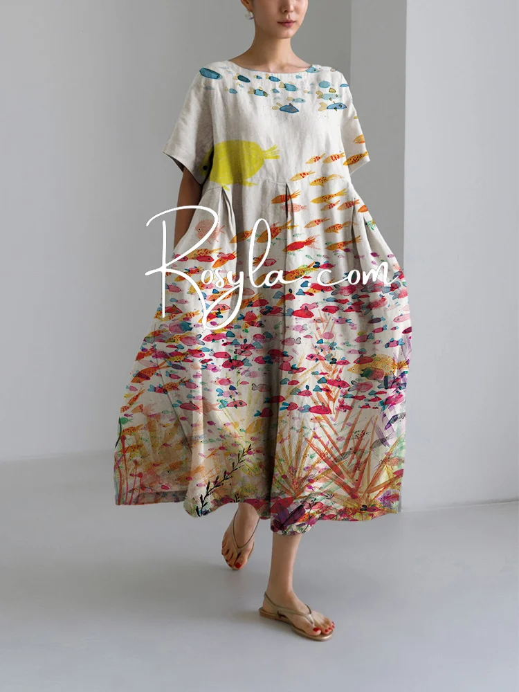 Women's Casual School Of Fish Print Loose Round Neck Medium Length Skirt Dress