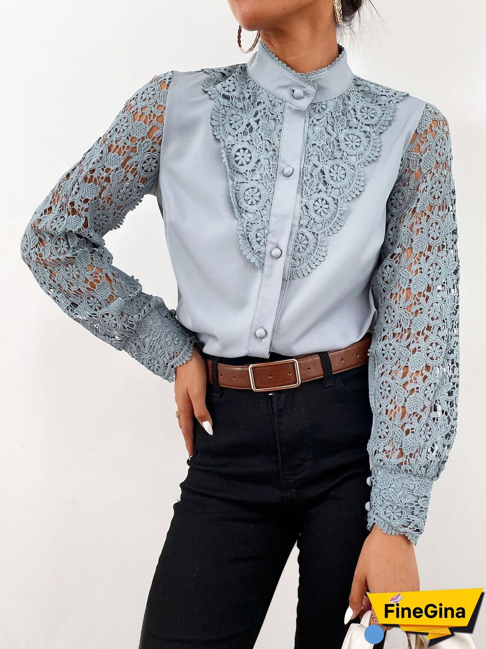 Women'S Blouses Stand Collar Lace Cutout Long Sleeve Blouse