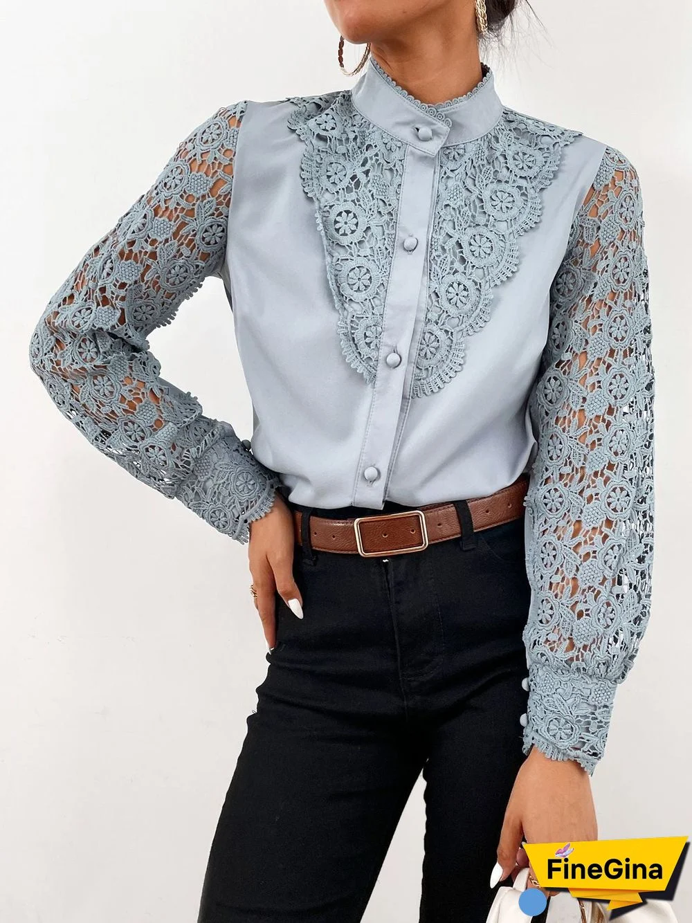 Women'S Blouses Stand Collar Lace Cutout Long Sleeve Blouse