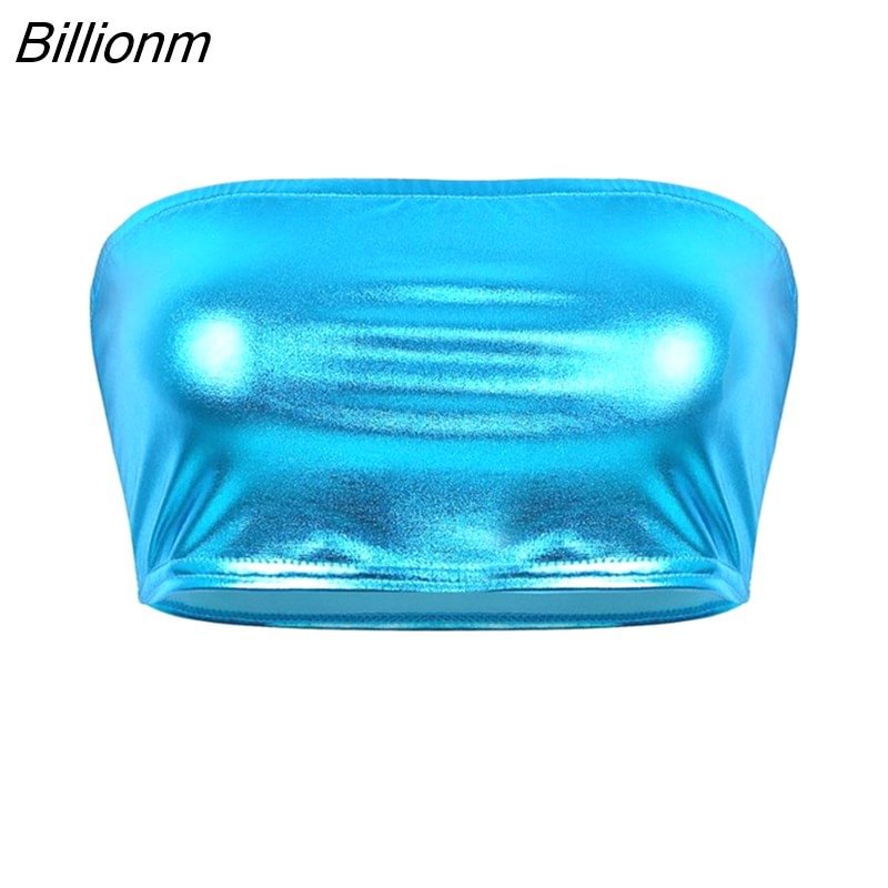 Billionm Women's Pole Dance Tube Top Bra Rave Clothes Shiny Metallic Strapless Tube Top No-Padded Wrapped Chest Bandeau Female Crop Top