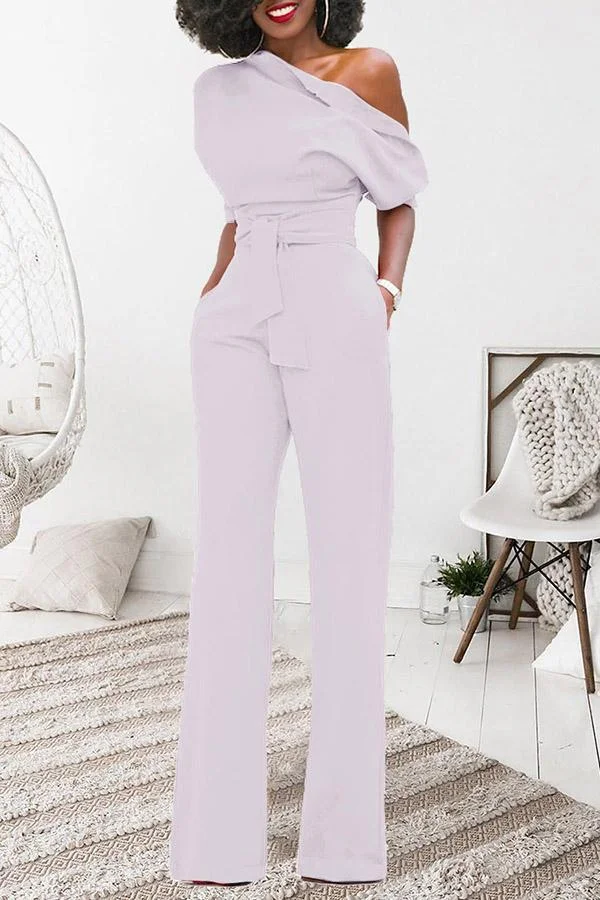 Classic Solid Color Diagonal Belt Jumpsuit
