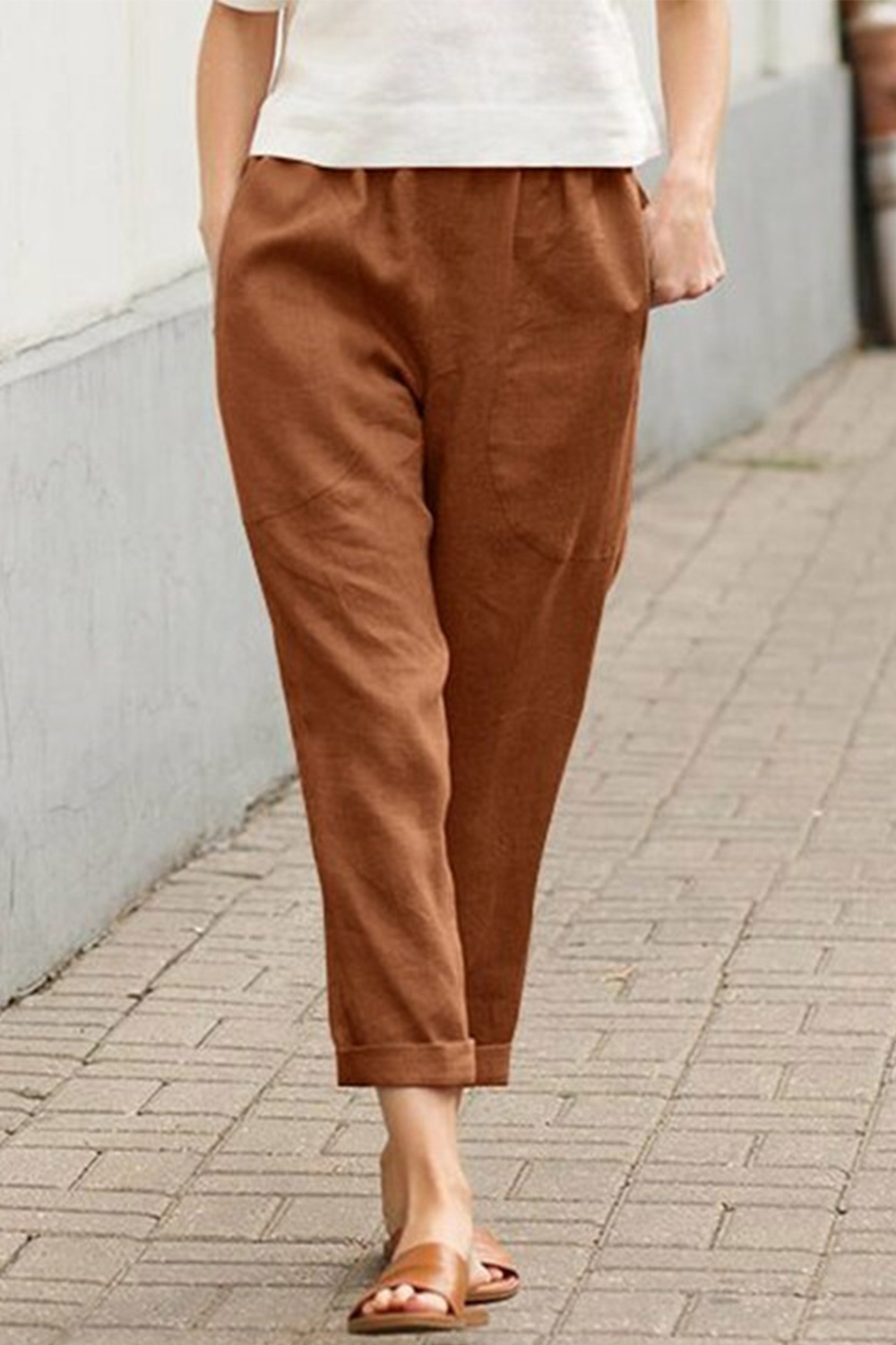 Plus Size Casual Khaki Cotton And Linen Pocket Cropped Harem Pants 2024 - Flycurvy 