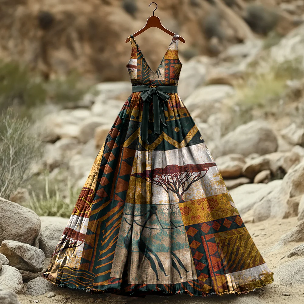 Women's Vintage Juneteenth Applique Art Print Long Dress