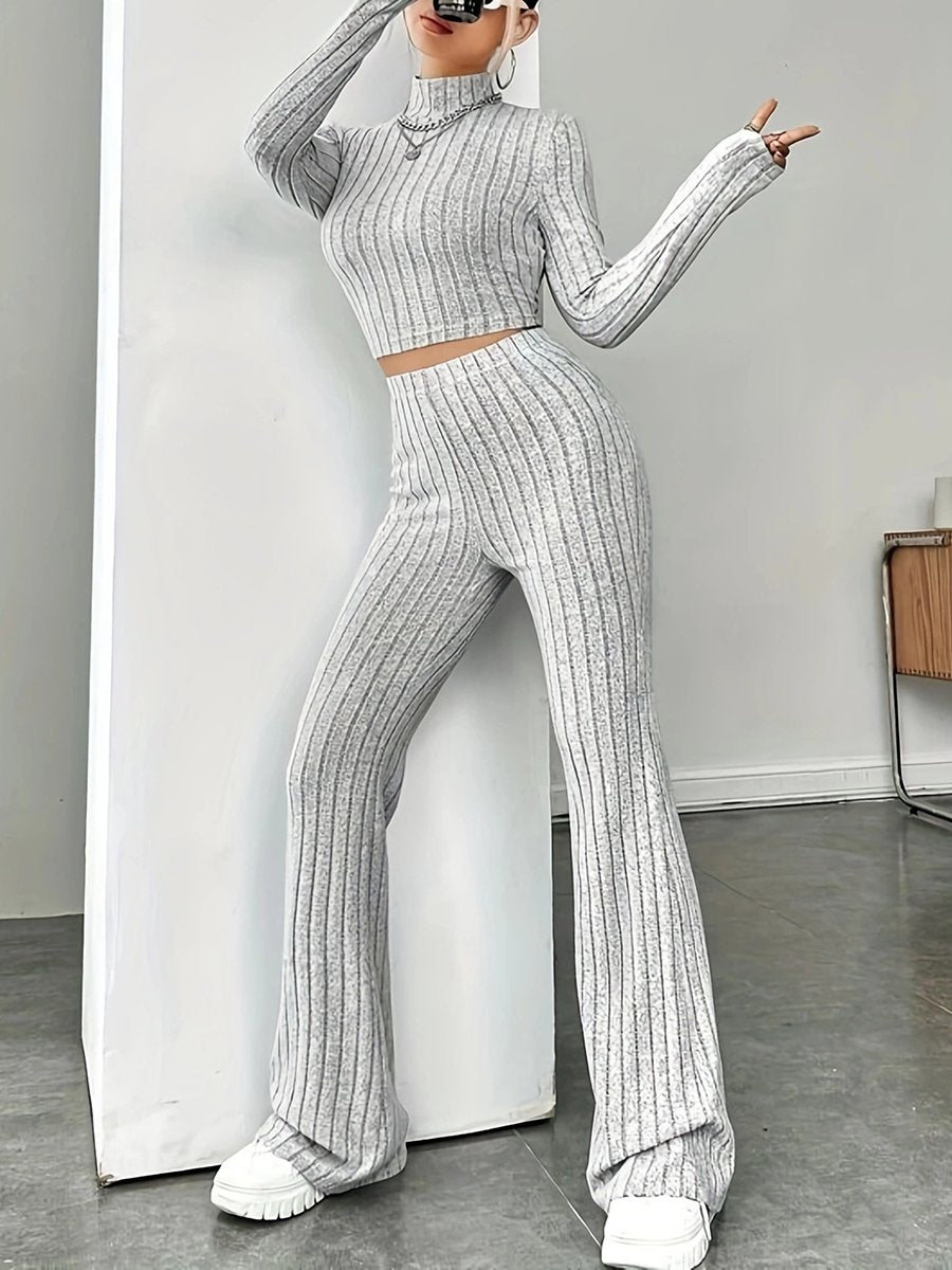 Stand Neck Slim Fit Knit Top & Straight Pants Sets