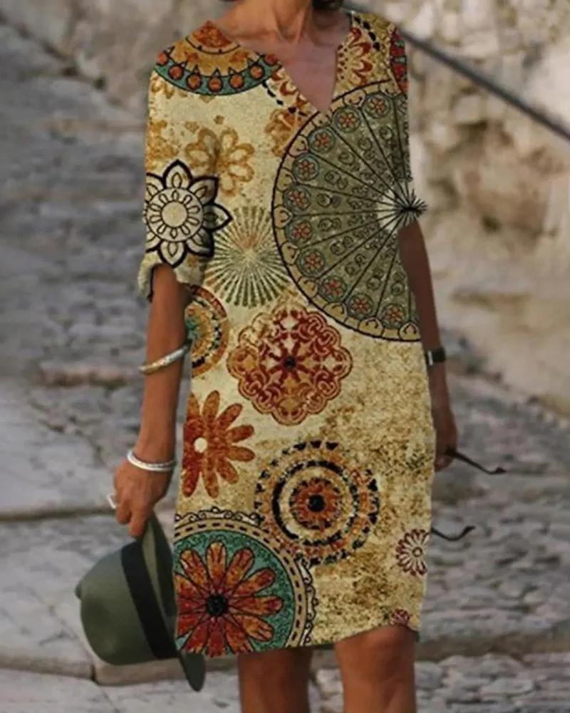 Casual V-Neck Printed  Dress-032317