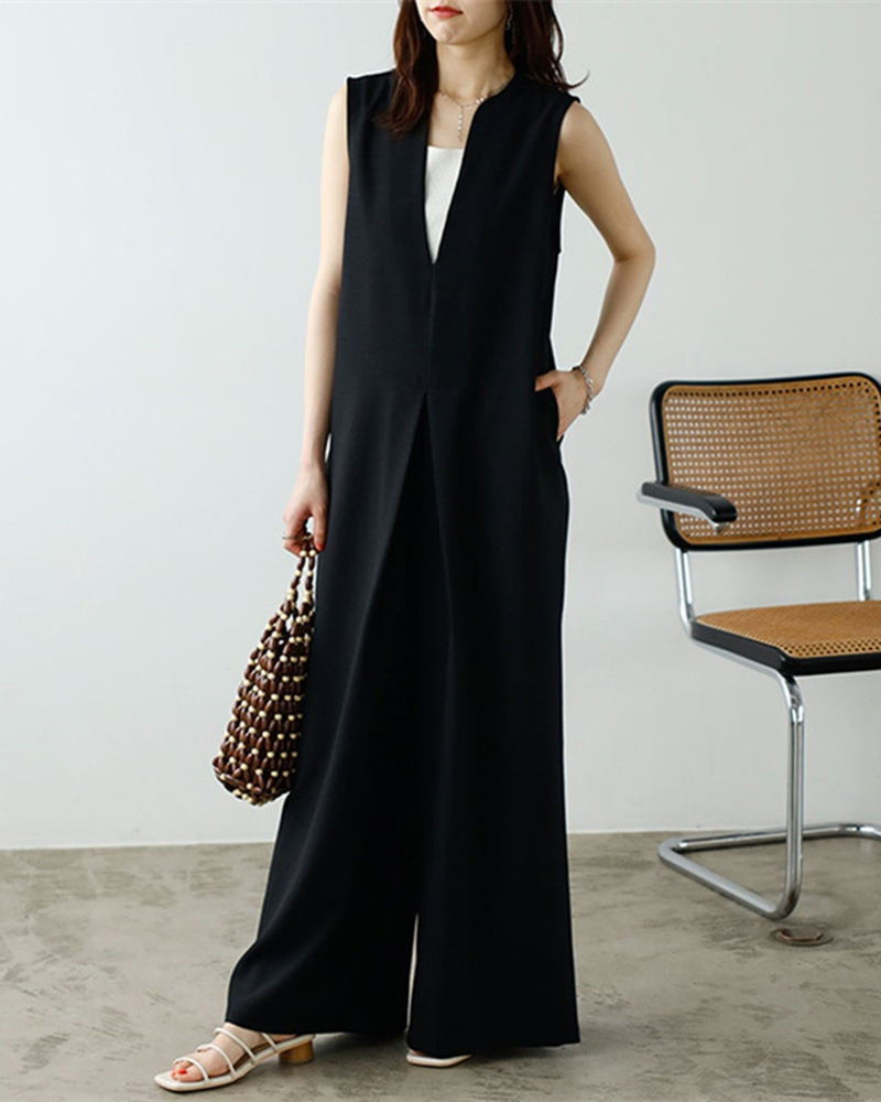 V Neck Solid Color Side Pockets Sleeveless Jumpsuit