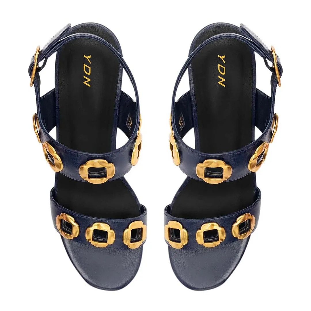 Navy Round Toe Wegge Heel Buckle Strap Women Sandals with Metal Decor