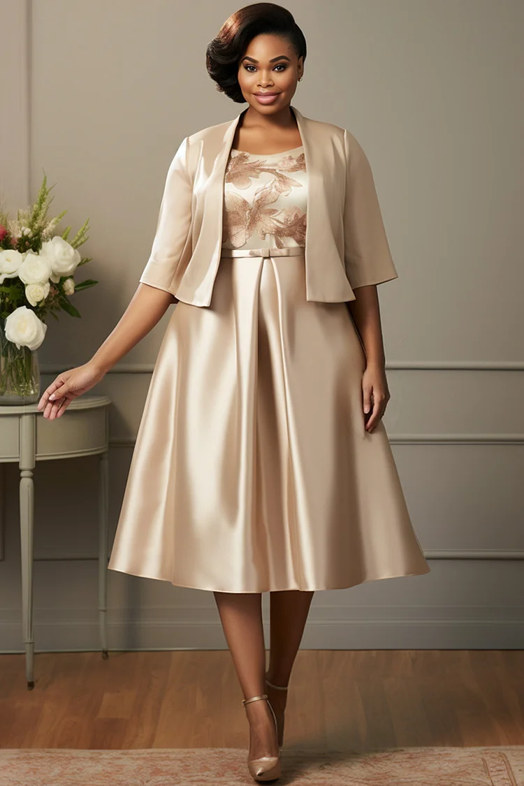 Xpluswear Design Plus Size Mother Of The Bride Champagne Round Neck Half Sleeve Elegant Satin Two Piece Dress Set [Pre-Order] 2024 - Xpluswear