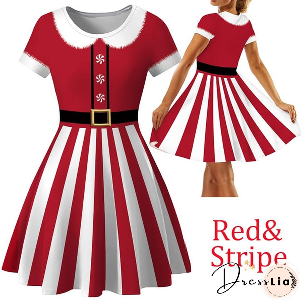 Christmas Deer Elk Snowman Print Short Sleeve Dress Xmas Santa Claus Women Dress