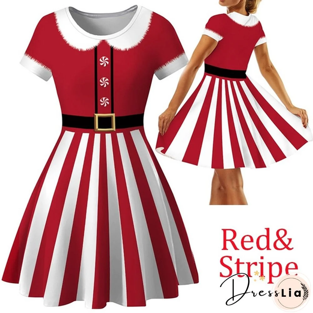 Christmas Deer Elk Snowman Print Short Sleeve Dress Xmas Santa Claus Women Dress