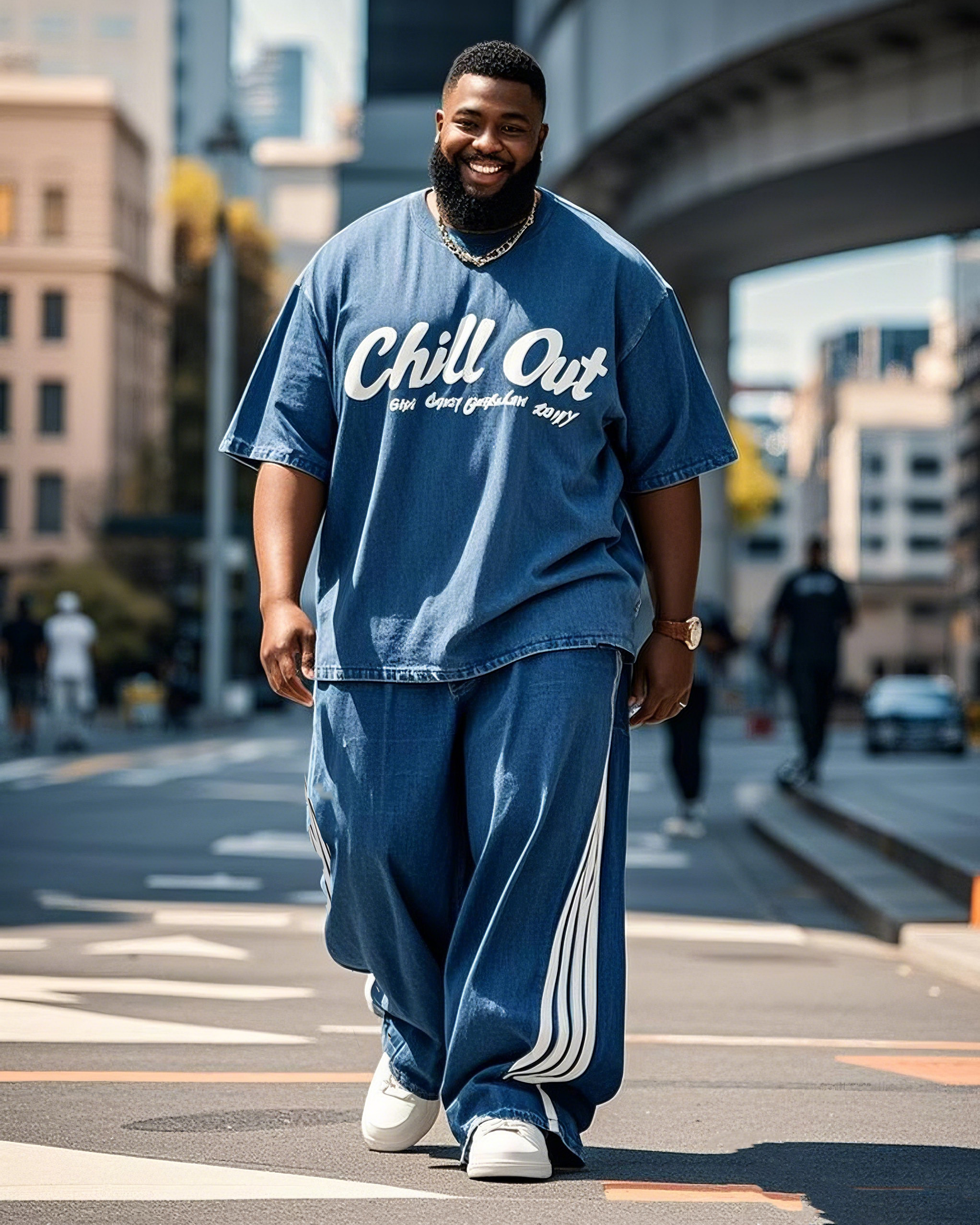 Plus Size Men's Simple Calm Down Letter Print Casual Short Sleeve T-shirt Pants Suit