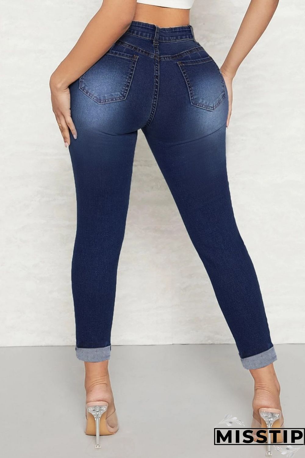 Deep Blue Casual Solid Ripped High Waist Skinny Denim Jeans