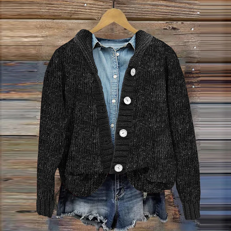 Vintage Solid Button Hooded Knitted Cardigan