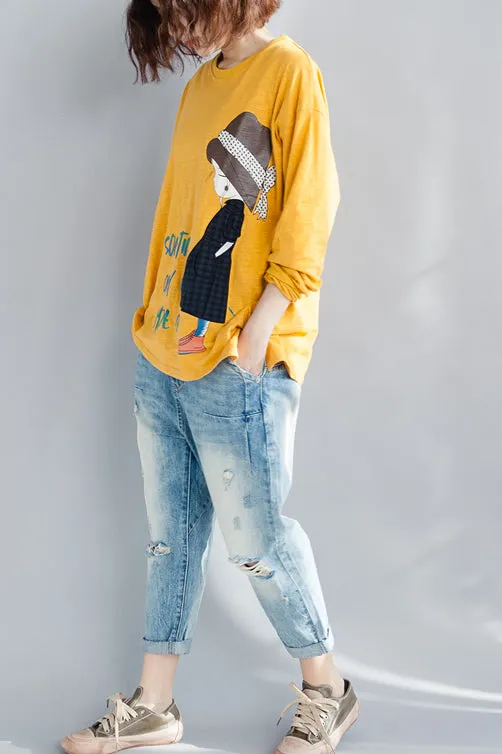 Elegant Yellow Cotton Linen Tops Women Plus Size Wardrobes Neck Long Sleeve Loose Spring
