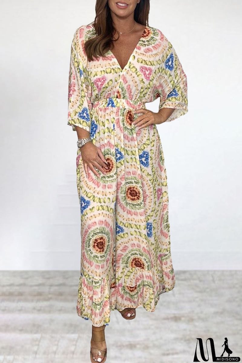 MidiSono - Bohemian College Print Backless V Neck Loose Jumpsuits