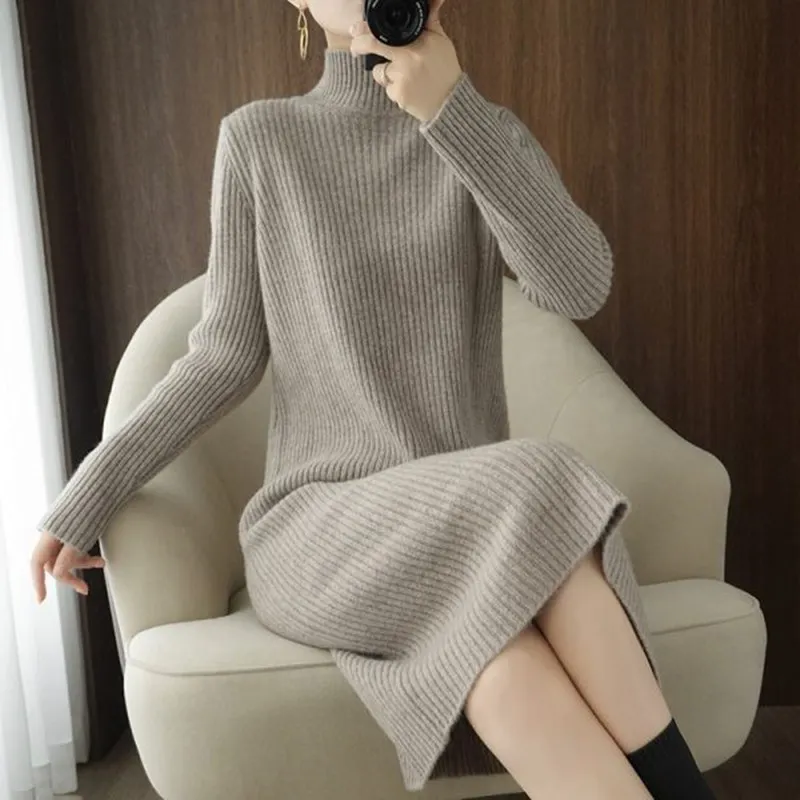 Churchf Churchf Autumn Winter 2 Half High Collar Over The Knee Loose Knit Dress Long Style Lazy Wind Dress