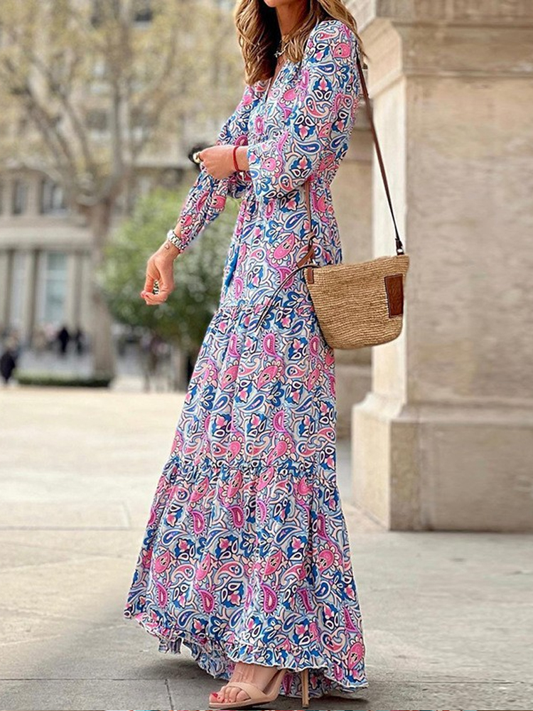Paisley Print V Neck Lace Up Maxi Dress