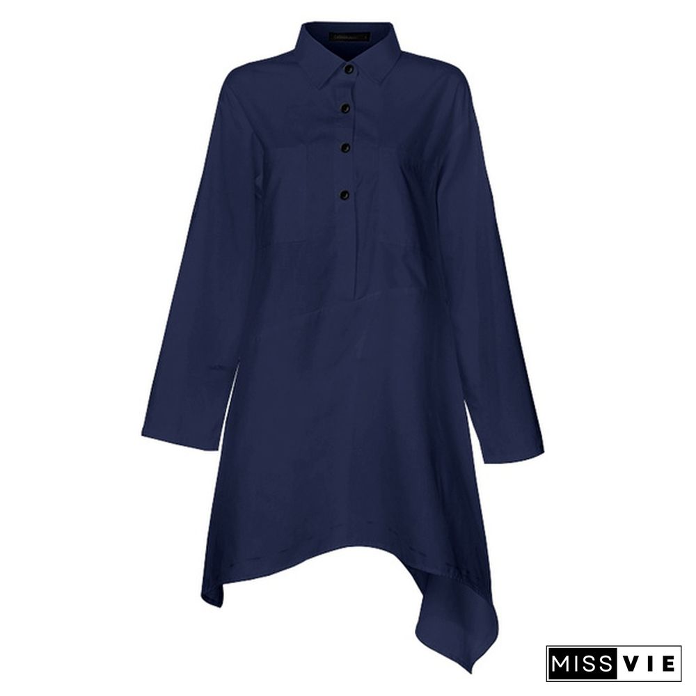 Womens Autumn Casual Long Shirt Irregular Hem Sleeve Turn Down Collar Loose Blouse Plus