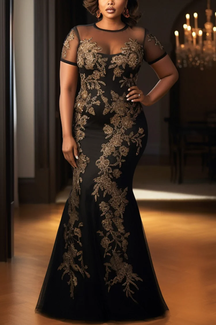 Xpluswear Design Plus Size Mother Of The Bride Black Round Neck Short Sleeve See Through Maxi Dresses [Pre-Order]