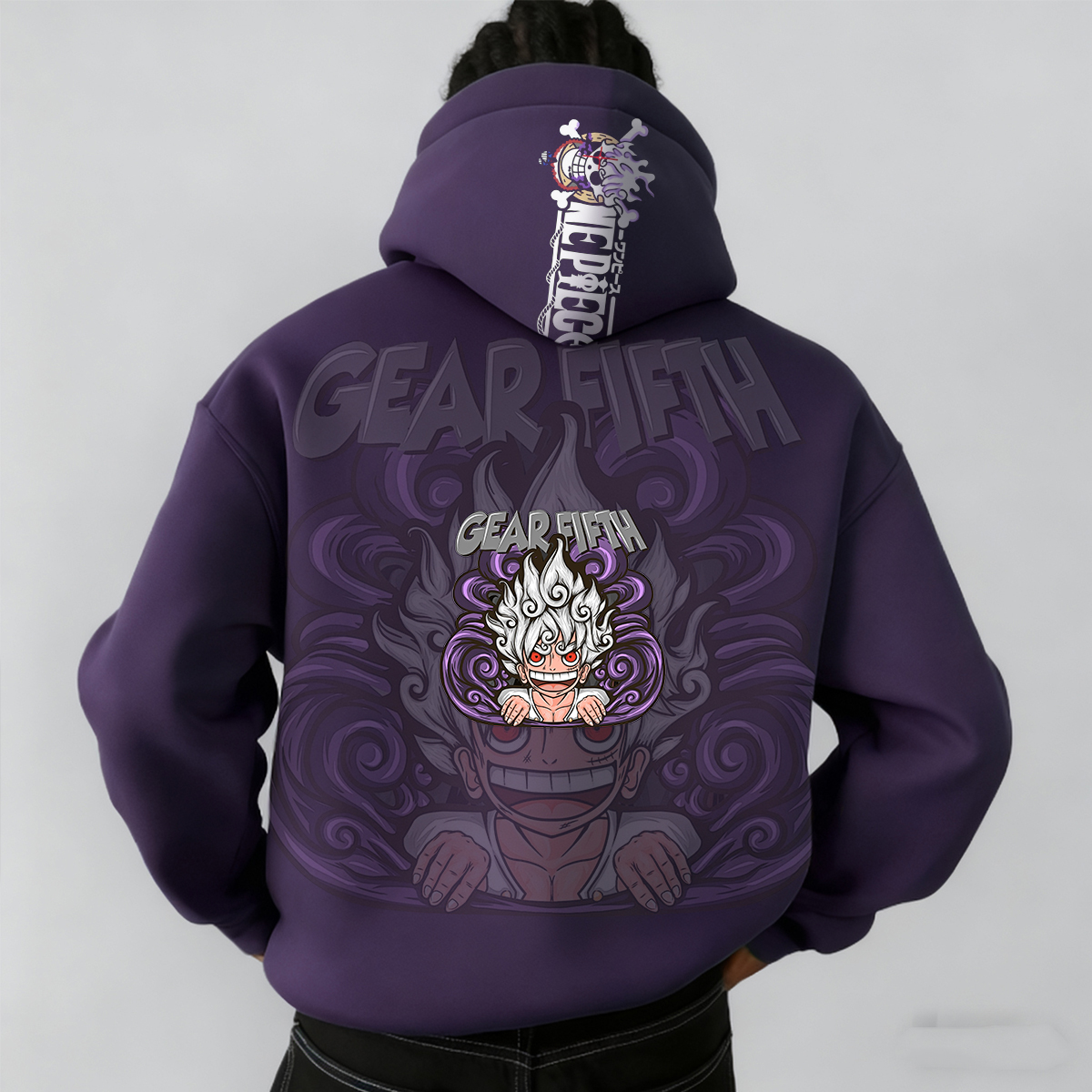 Gear Fifth Anime Hoodie with Bold Character Design and Vibrant Back Print