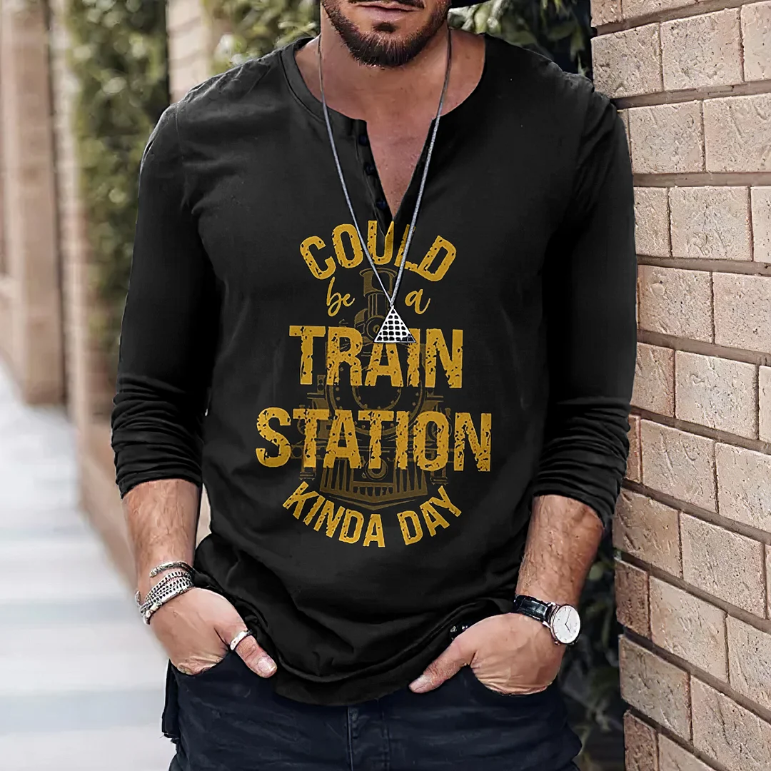 Unbutton Could Be A Train Station Print Long Sleeve T-Shirt