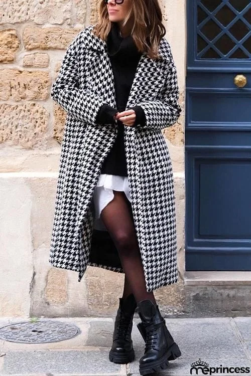 Houndstooth Lapel Woolen Coat