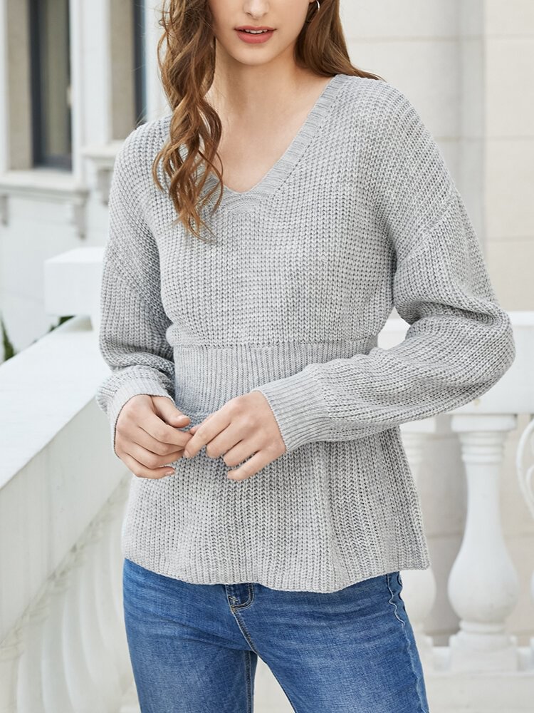 Solid Color V-neck Ruffle Hem Knitted Women Sweater - Shop Trendy Women's Fashion | TeeYours