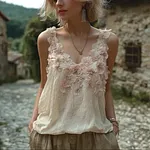 Bohemian Retro Pink Floral Pattern Women's Sleeveless Thin Shoulder Strap Vest - Image 2