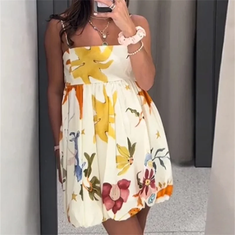 Woman Ruched Sleeveless Short Dresses Backless Summer Sexy Print Slip Mini Dress