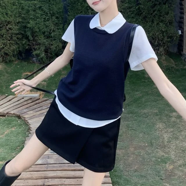 Round Short / Skirt Shirt Collared Neck Sleeve Plain A-Line High Mini Sweater Vest Waist