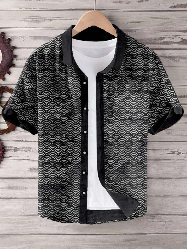 Japanese Waves Pattern Short Sleeve Linen Blend Shirt
