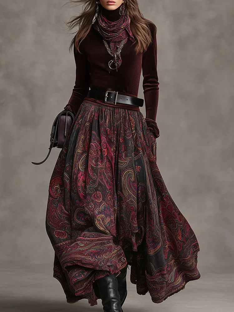Retro Elegant Brown Wine Red Textured Velvet Patchwork Printed High Collar Maxi Dress