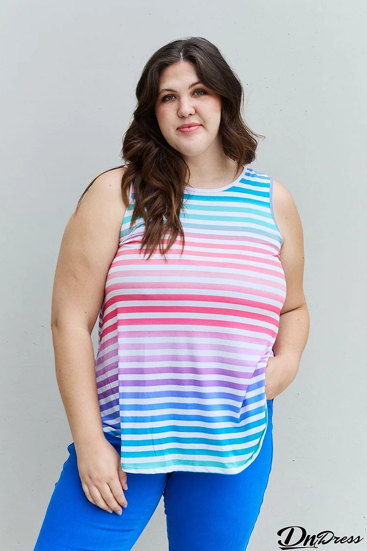 Heimish Love Yourself Full Size Multicolored Striped Sleeveless Round Neck Top