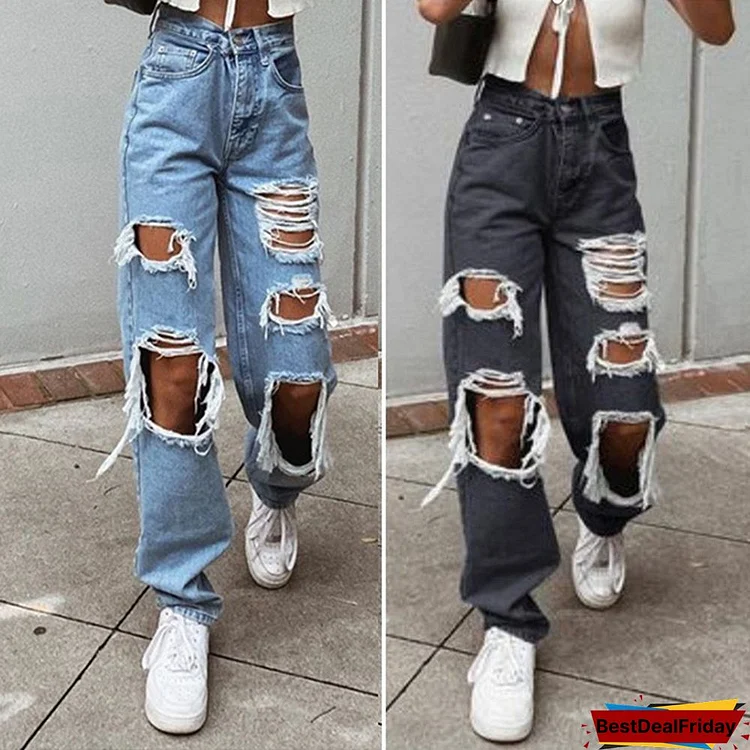 New Fashion Women'S High Waist Jeans Casual Blue Black Denim Jeans Ripped Washed Jeans Trousers